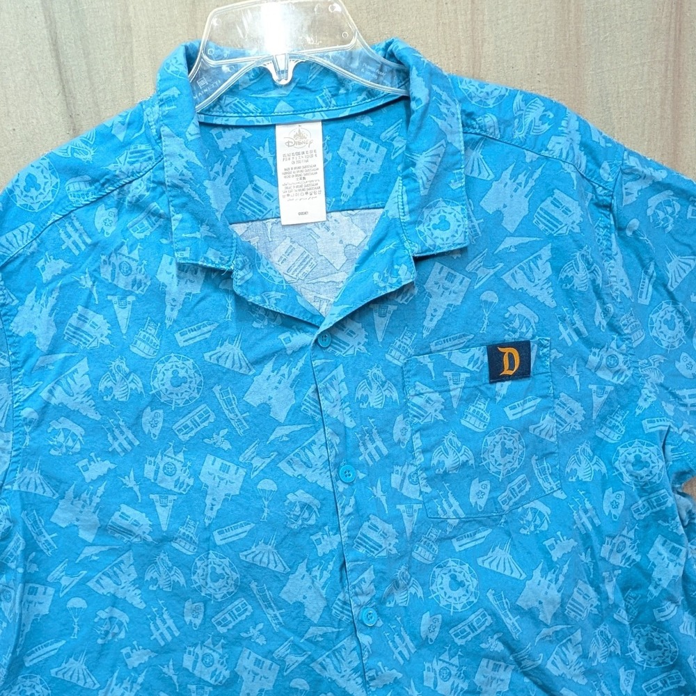 Disneyland Resort Mens XL Blue All Over Print Attractions Organic Cotton Shirt